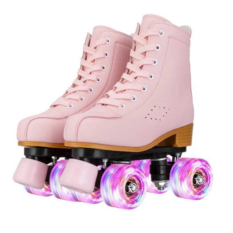 Inline Roller Skates Pink purple women s double row roller skates pink leather breathable 4 wheel sliding skating sneakers size 31 32 33 34 H2409-image-1017742007