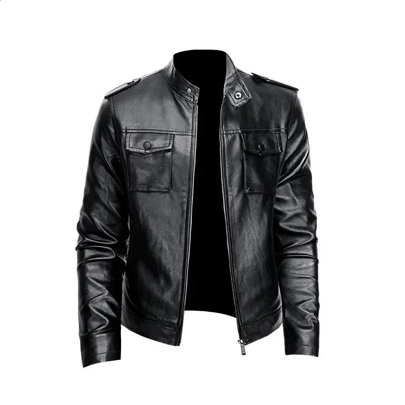 Mens Autumn and Winter Business Trend Korean Edition Standing Collar Motorcycle Leather Jacket Youth Handsome Coat 240903