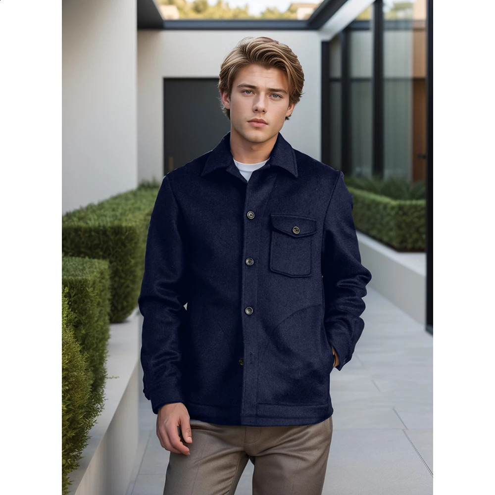 Mens multipocket woolen coat autumn and winter singlebreasted solid color mens 240906