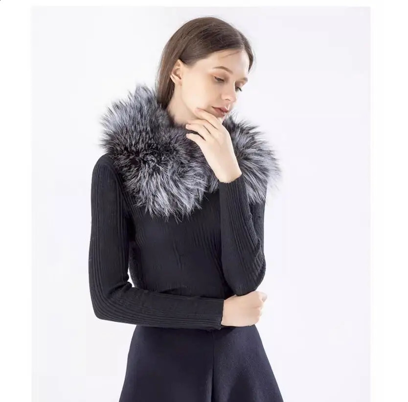 genuine silver FOX scarf for winter women with thick neckline high-quality shawl natural fluffy fur muffler 240906