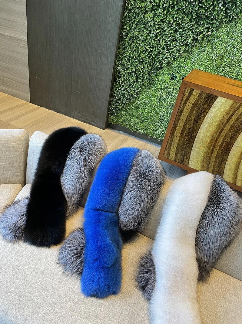 100% Natural Silver Fox Fur Scarf Long Shawl Winter Collar Warm Womens Coat Decoration Full Fox Scarf 240906