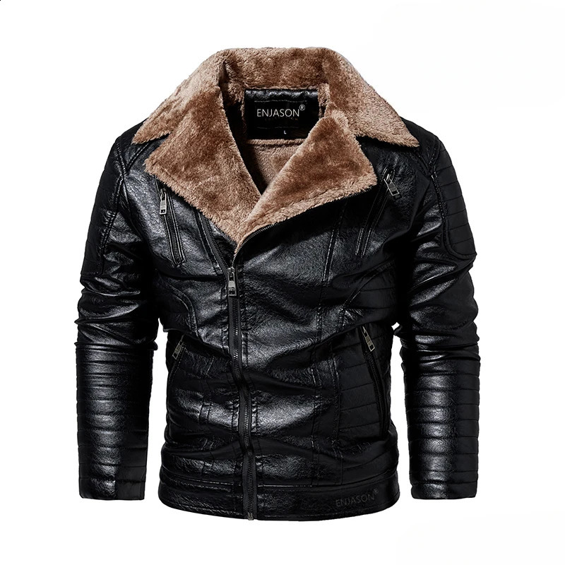 Autumn and Winter Mens Leather Jacket Solid Color Slanted Zipper Outdoor Travel Lapel Coat Men Warm Leather Clothing 240903