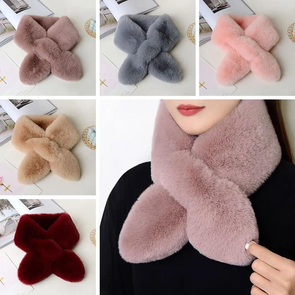 Womens Winter Warm Thick Cross Collar Scarf Solid Color Artificial Rabbit Fur Plush Elegant Shawl Collar Wraps Collar for Warmth 240906
