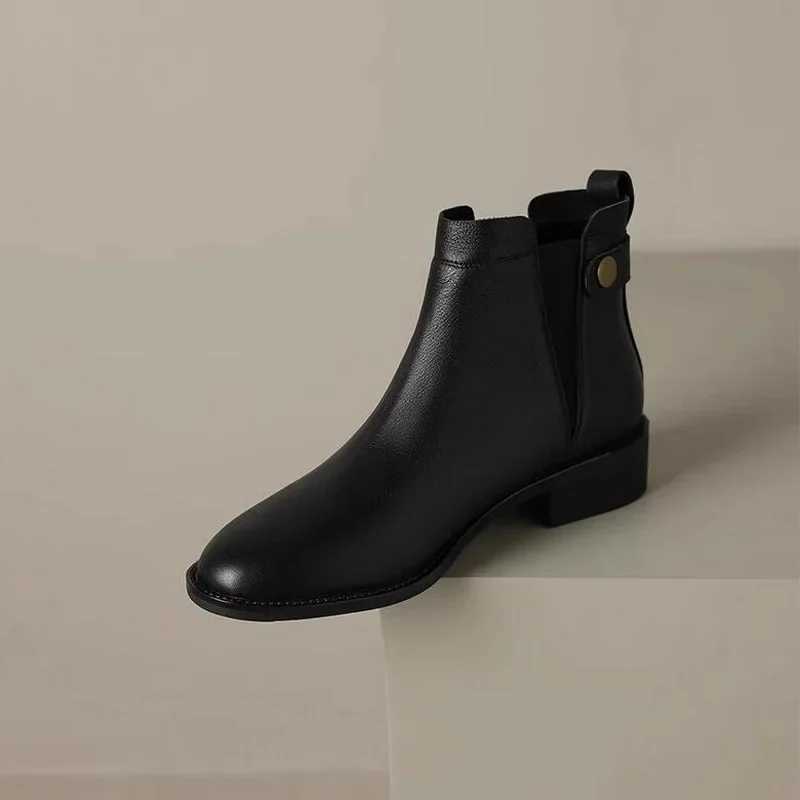 High Quality Authentic leather boots heel in the text elastic band sliding ankle short boots denim round heel T241113