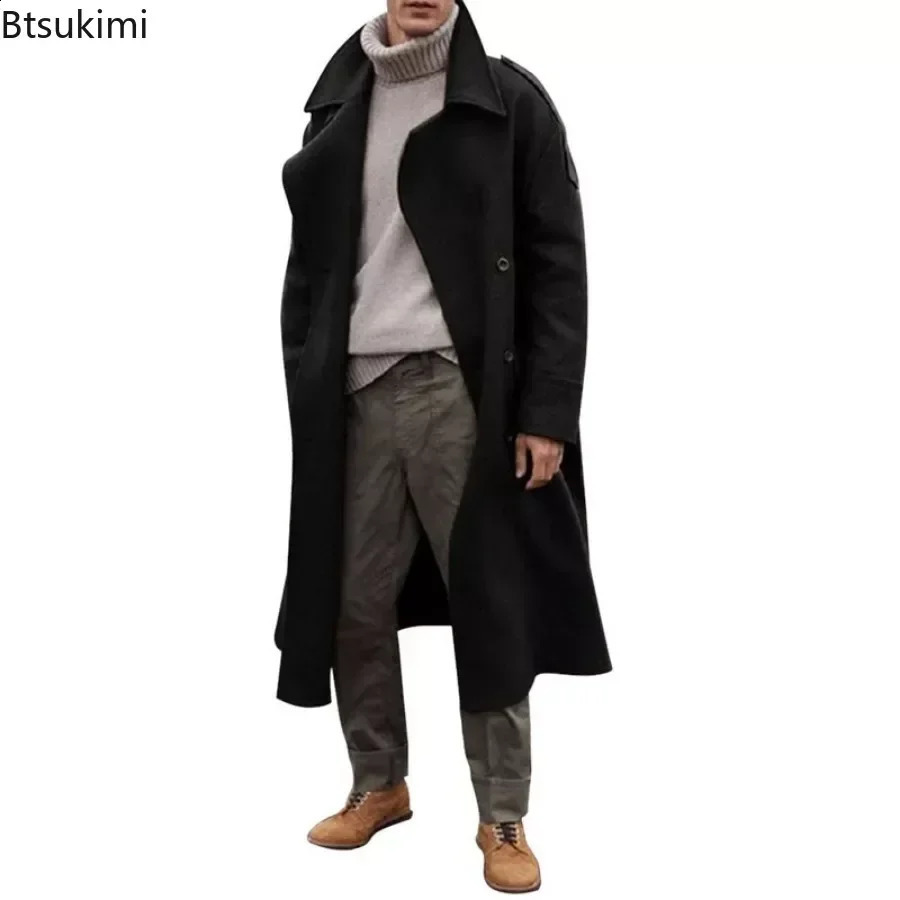 mens winter jacket with washable collar simple retro mens long trench jacket casual blend mens warm clothing 240912