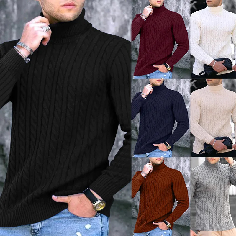 Foreign Trade Knitted Shirt for Mens Winter Youth High Neck Thickened Solid Striped Sweater Base for Mens Clothing 240902