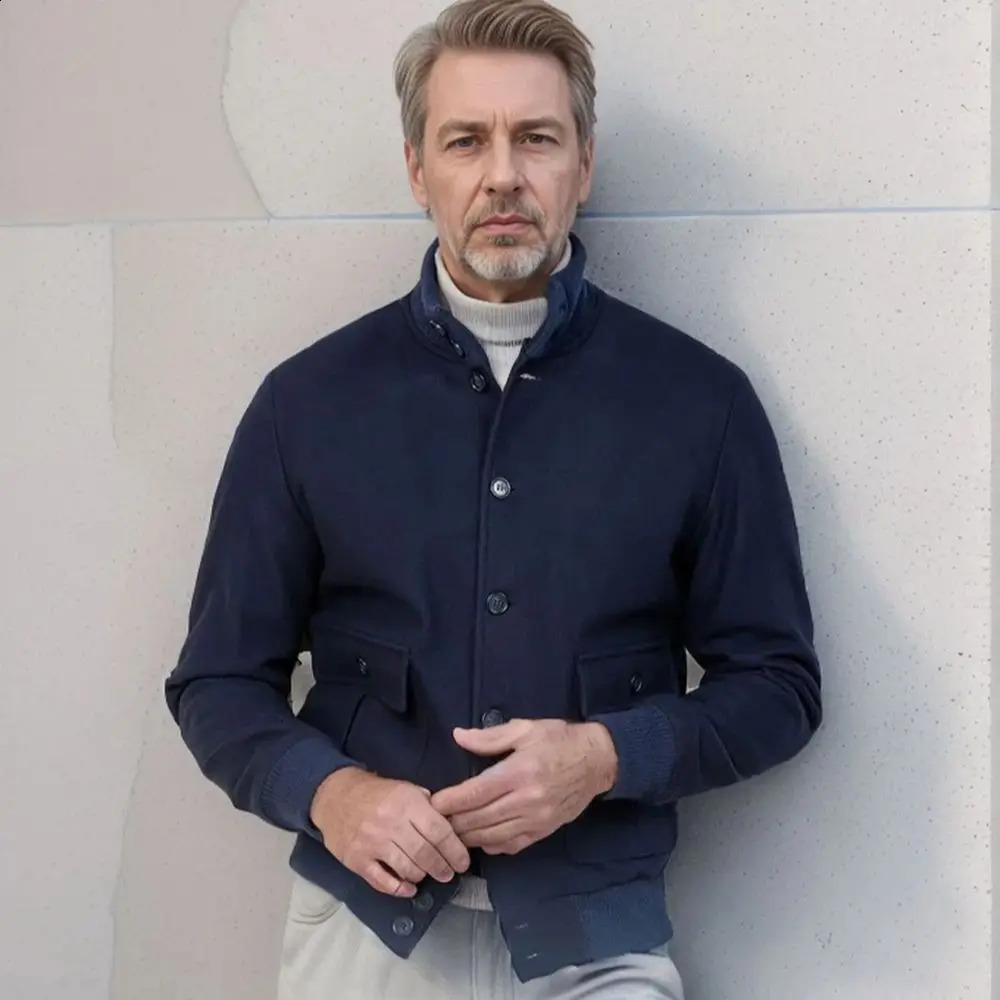 Mens jacket spring and autumn woolen ribbed collar long sleeved standing pocket mens top 240906
