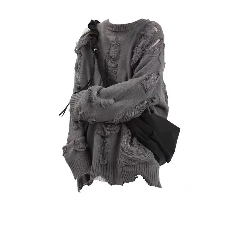 Gothic punk black torn sweater womens retro knitted womens skydiving Gothic Grunge Y2k knitted streetwear Pullover 240904