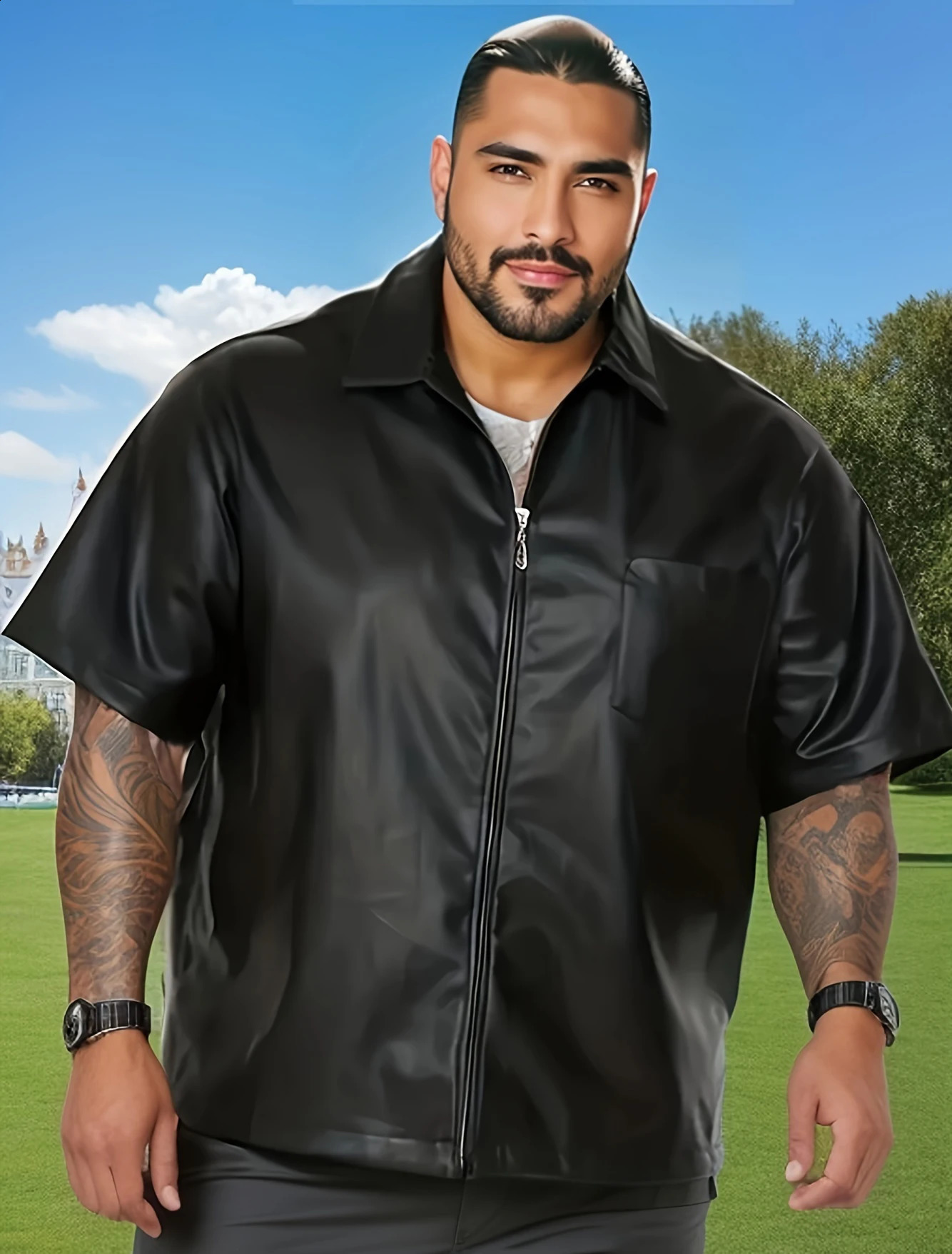 2024 foreign trade European and American PU leather zipper mens casual shortsleeved fashion top jacket 240906