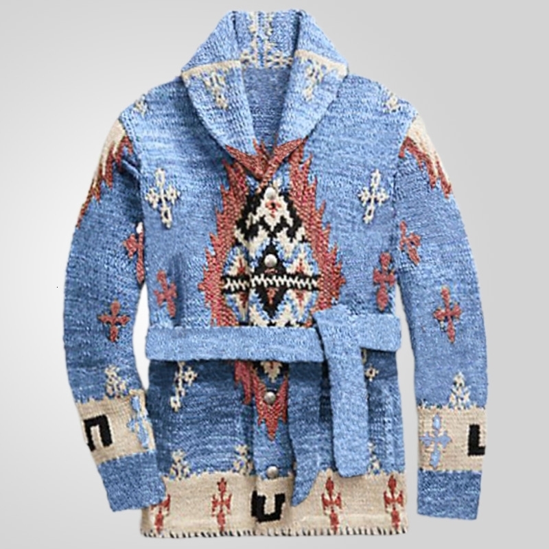 Mens American Retro Fashion Heavy Jacquard Knitwear Autumn Winter Gentleman Outdoor Medium Long Thick Casual Sweater Coat 240905