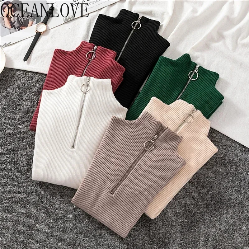 OCEANLOVE Zipper Half Turtleneck Sweater Women Solid Slim Autumn Winter Clothes Sueter Mujer Basic Fashion Pullovers 12605 240906