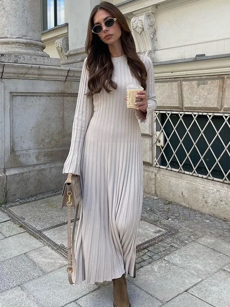 Womens fashionable solid pleated lace knitted long skirt elegant O-neck lapel long sleeved dress autumn spring fashion womens robe 240906
