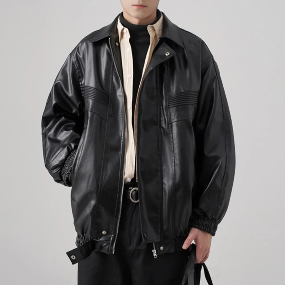 Spring Autumn Cool Handsome Black PU Leather Lassic Bomber Jacket Men Long Sleeve Zipper Mens Leather Coat Outerwear 240903