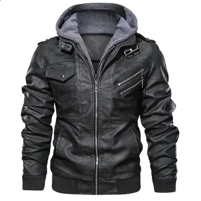 Mens Leather Jacket Fall Solid Color Chest Pocket Outdoor Biker Riding Hooded Coat Mens locomotive Suit 240903