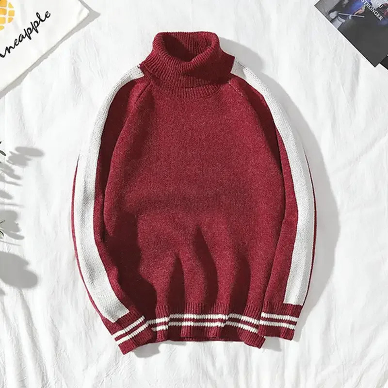 Black knitted mens sweater with striped floral pattern high neck mens clothing navy blue collar red clothing selling warm cigars classic and interes