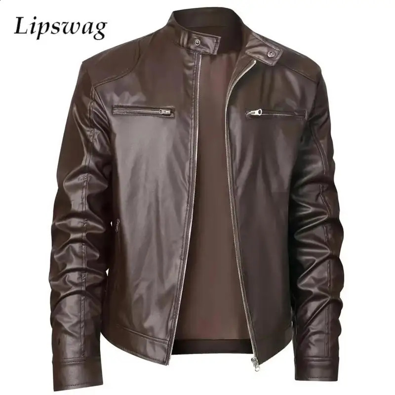 Retro faux fur jacket mens streetwear fashion long sleeved stand up collar zipper leather autumn 240902