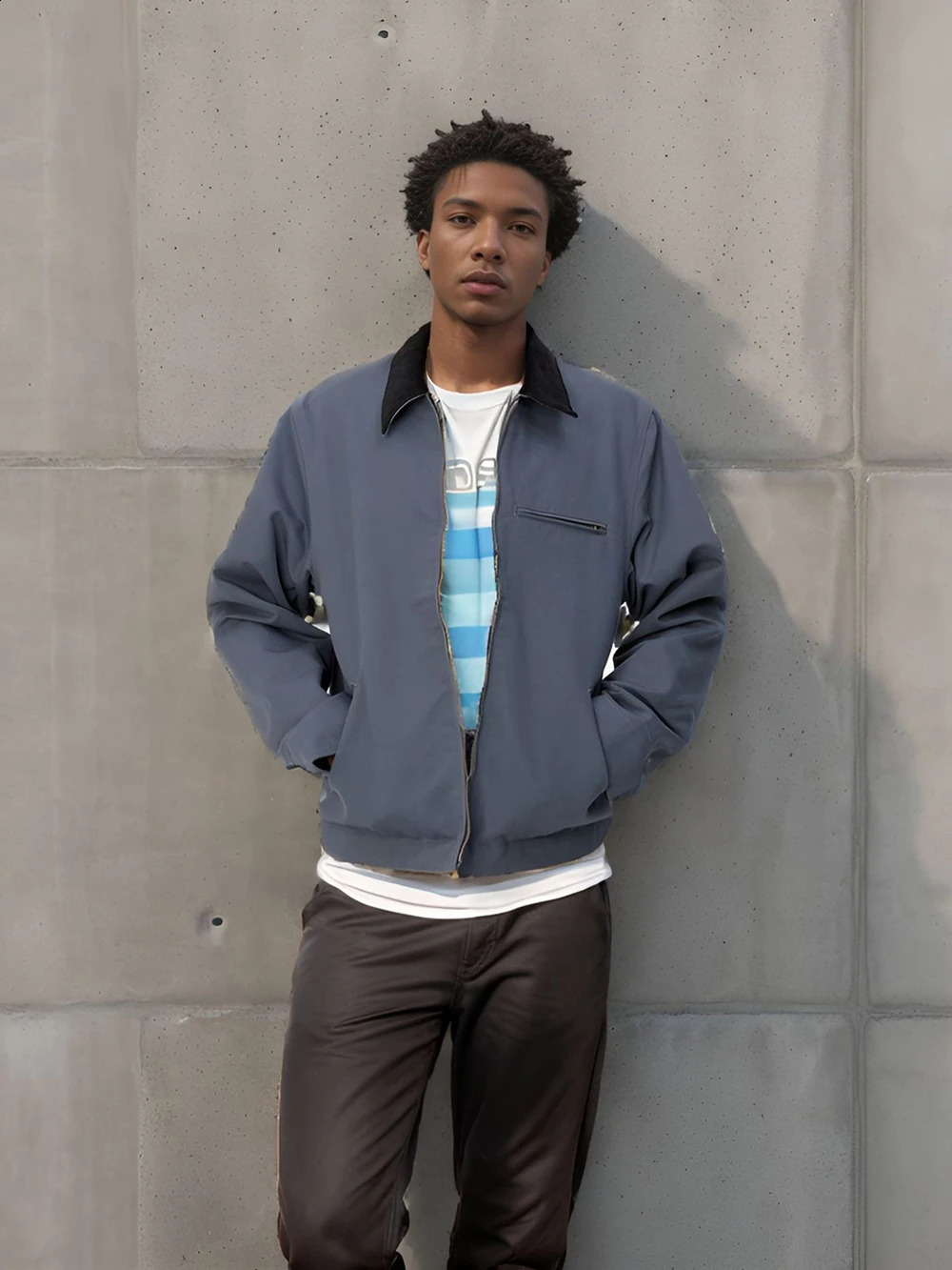Spring and Autumn Mens Trendy Jacket Coat Daily Color Blocking Zipper Top 240906