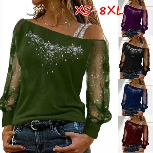 Womens Fashion Casual Diagonal Collar Long Sleeve Top Womens Sexy Off Shoulder Loose T-shirt Mesh Floral Top 240904