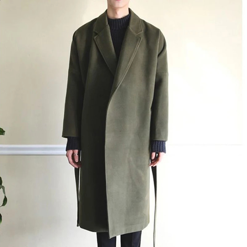 Woolen Coat Mens Winter Long Over-knee Thick Warm Loose Windbreaker Jacket Long Sleeves Solid Color Wool Blends with Belt 240903