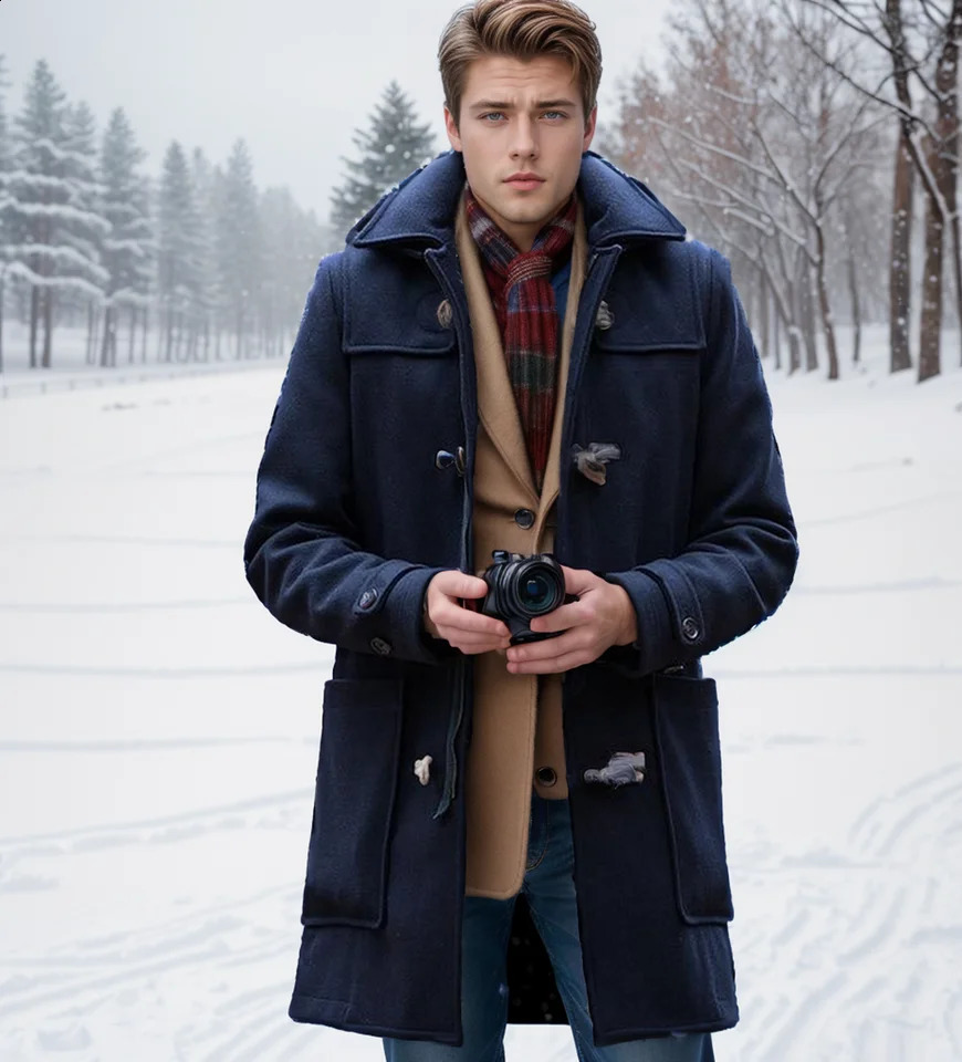 2024 Spring and Autumn Mens Fashion Mid length Flip Collar Cow Horn Button Woolen Coat 240906