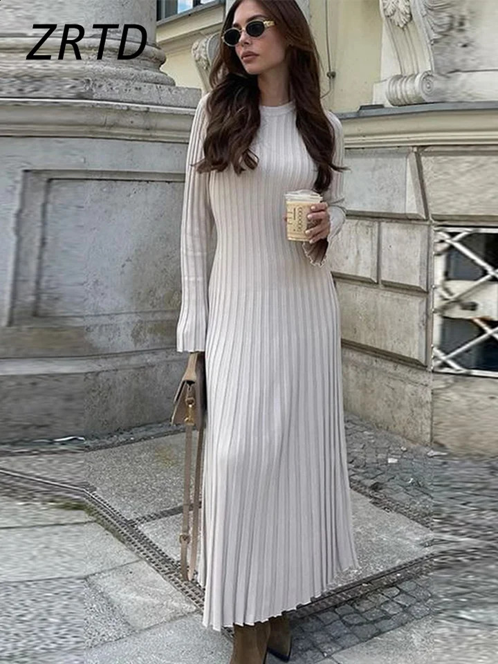 Elegant Knitted Ribbon Long Dress Ultra Thin O-Neck Full Sleeve Lace Womens Dress Fall Womens Casual Solid Matching Robe 240906