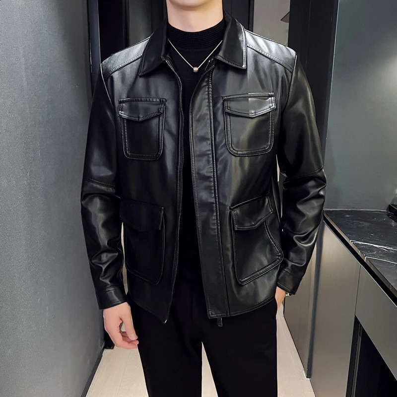 Spring Autumn High Quality Pu Coat Mens Motorcycle Leather Jacket Fashion Large Size Pocket Black Zipper Lapel Slim Fit Male 240903