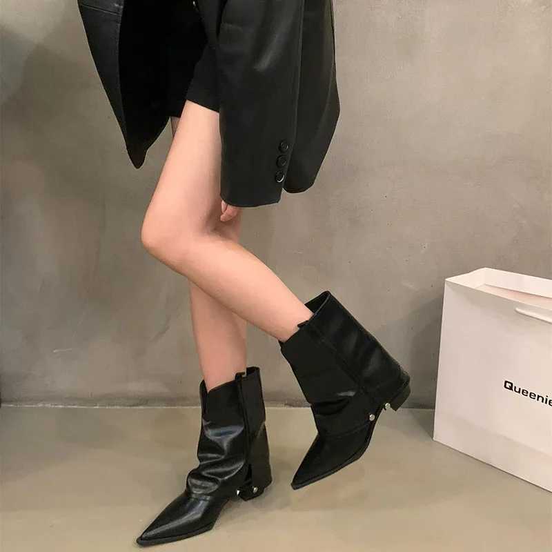 High Quality Square Heel Wen Wern denim boots Fi Pointed Toe shoes autumn womens elegant short boots T241113