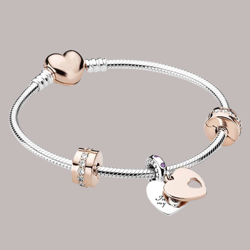 s925 Sterling Silver Luxury Bracelet Set Beaded Pink Girly Heart Fit Bracelet Pendant Fashion Jewelry DIY Women's Gift with Box 16-21cm-image-770922556