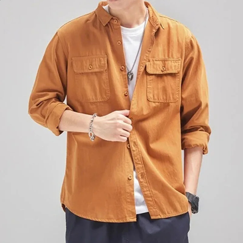 Spring and Autumn Men Mens White Long Sleeve Shirt Pure Cotton Retro Style Button Up Pocket Male Clothes Top 240905