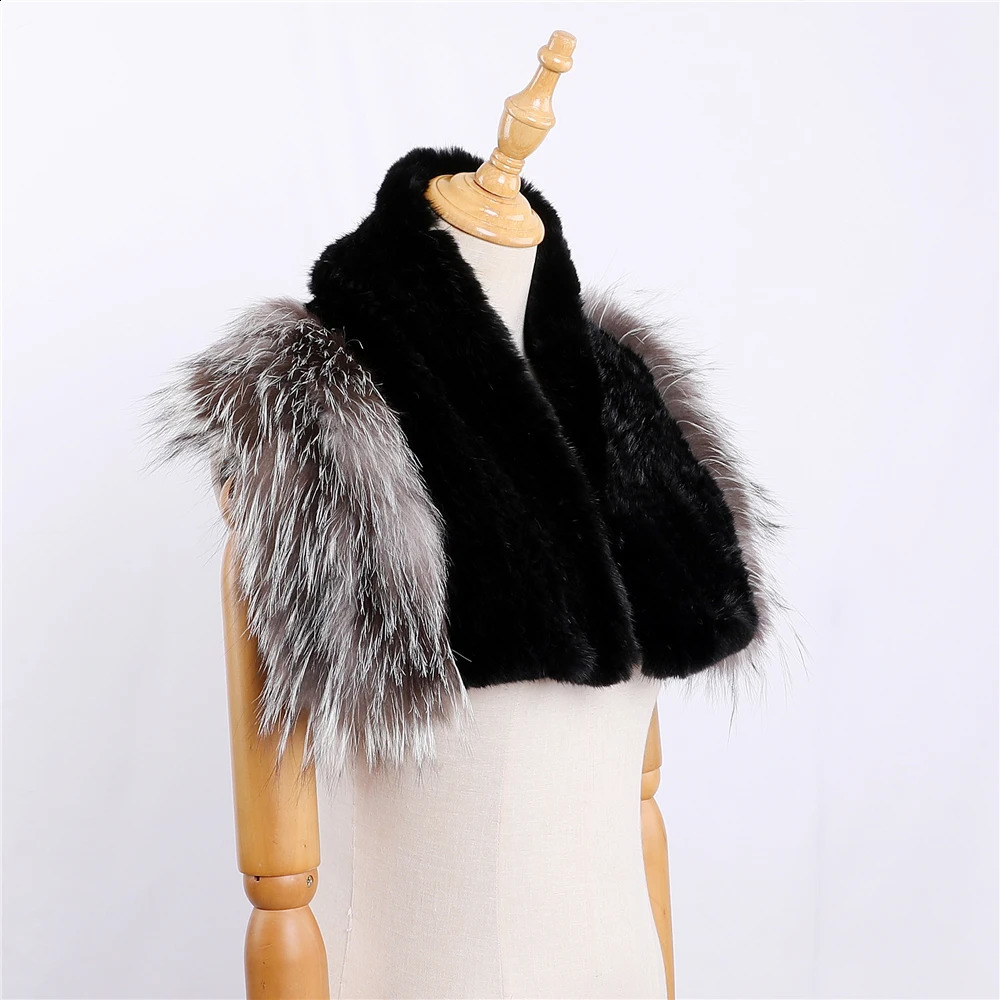 Womens Winter 100% Mink Knitted Open Corner Shawl Womens Fashion Silver Fox Fur Collar Scarf Pashmina Bag 240906
