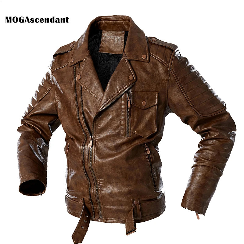 Mens Winter Punk Rock Faux Jacket Male Zipper Retro Motorcycle Pilot Leather Jackets Coats Fleece Faux Leather Jacket M-4XL 240903
