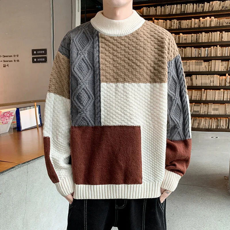 Autumn Winter Men Warm Top Sweater Casual Patchwork Color Matching Pullover Round Neck Male Fashion Knitted Clothing 240905