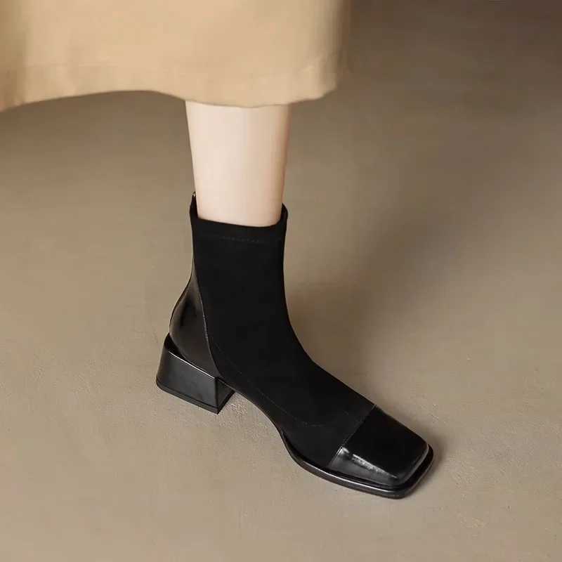 High Quality Wenfei square toe thick high-heeled short boots new autumn and winter Ccise elastic slim high heels Zapatos De Mujer T241113