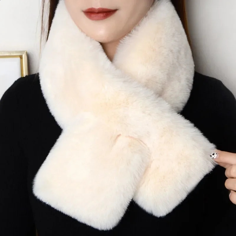 Plush cross scarf artificial rabbit fur thick soft scarf solid color autumn cold resistant womens neck warm collar scarf 240906