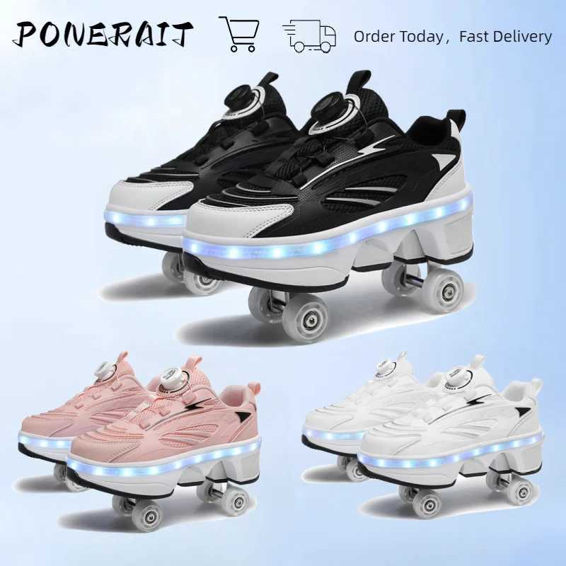 Inline Roller Skates Four-Wheel Dual-Purpose Roller Skates For Children Teenagers Men And Women Cool Luminous Skates Convenient Knob Sports Shoes-image-1017657843
