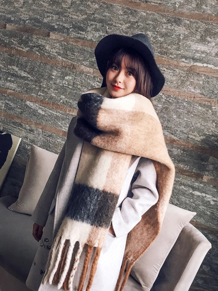 Free delivery womens knitted winter vintage plaid scarf imitation cashmere Pashmina warm scarf Pareo Foulard unprinted good package shawl 240906