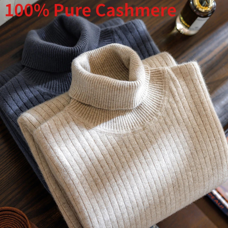 Autumn/Winter Mens 100% Pure Cashmere High Collar Knitted Sweater Casual Thick Size S M L XL 2XL 3XL 240904