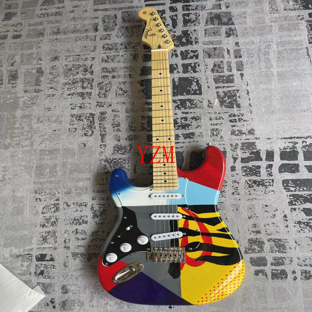Popular electric guitar boutique, exclusive production of high-end quality, left-hand painted multicolor body, maple fingerboard