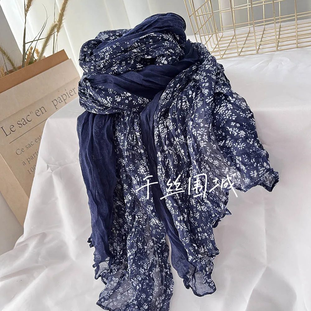 retro art cotton and linen pleated thin and varied shawl with small floral scarves Gauze Japanese style lazy style 240905