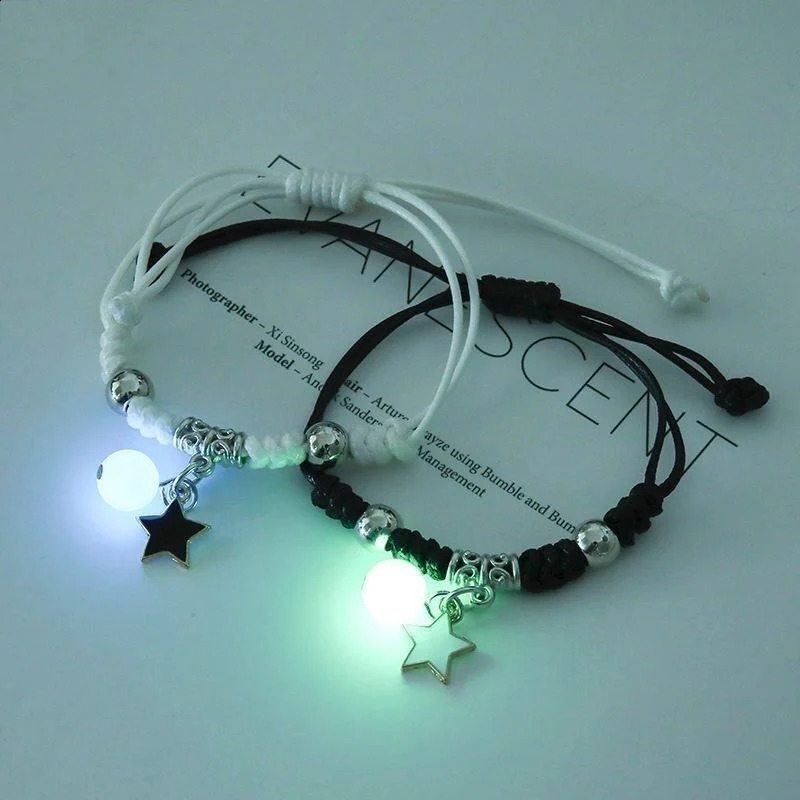 2PCS Luminous Star Cat Moon Couple Bracelet Kitten Flower Handmade Adjustable Rope Matching Bracelet Couple Friendship Jewelry 240905
