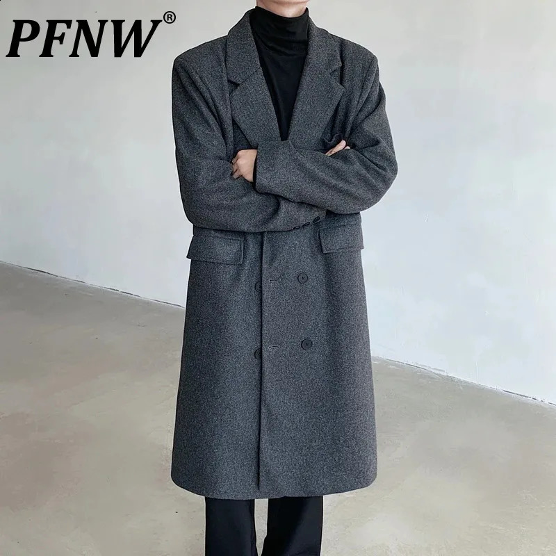 PFNW Long Mens Woolen Coat Autumn Solid Color Double Breasted Tailored Collar Loose Male Trench Korean Style 12C969 240903