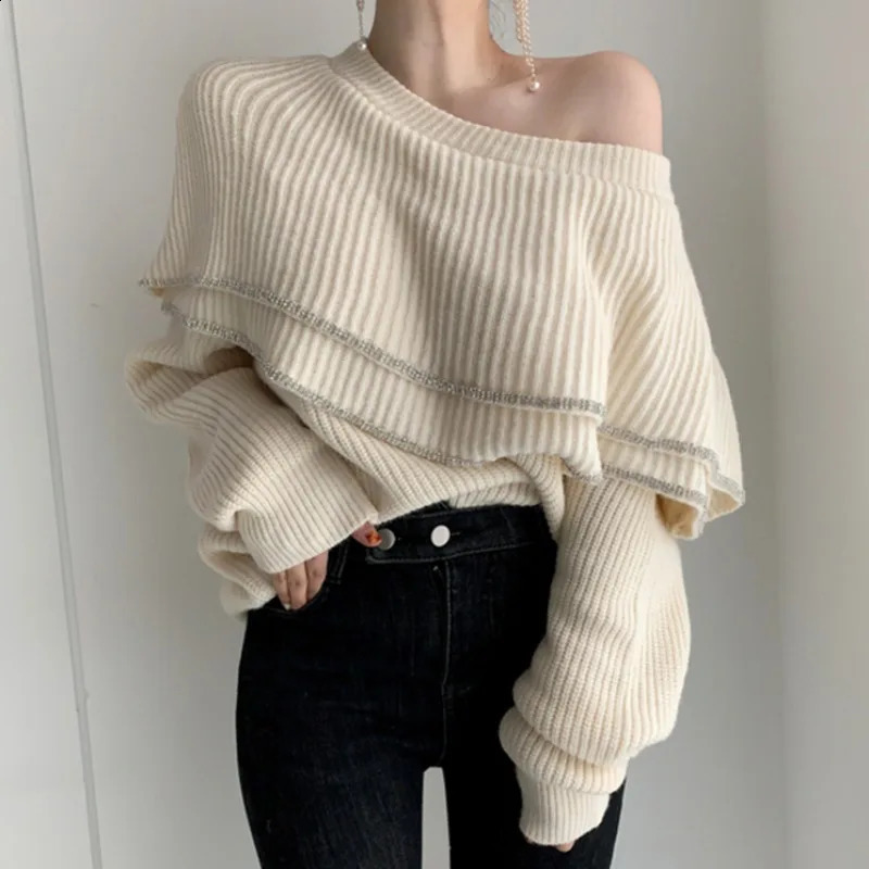 Single shoulder short sleeved knitted floral womens autumn and winter Korean style thick pleated long sleeved sweater top 5 colors 240904
