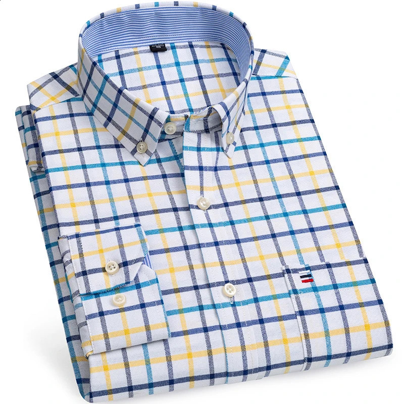 7XL 6XL Mens Oxford Shirts Long Sleeve 100% Cotton Casual Plaid Soft Regular Fit Formal Dress Shirt Social Blouse Male Clothes 240903