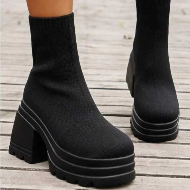 High Quality Fi Knitted Ankle Boots Wen Casual High Heels Thick Boots Fem Autumn High Top Elastic Long Leg Socks Boots T241113