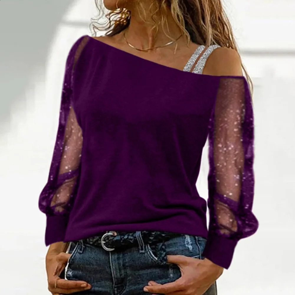 Summer Plus Size S-5XL Oblique Collar Mesh Strapless Long Sleeve T-shirt Fashion One Line Collar Womens Bottom Shirt 240904