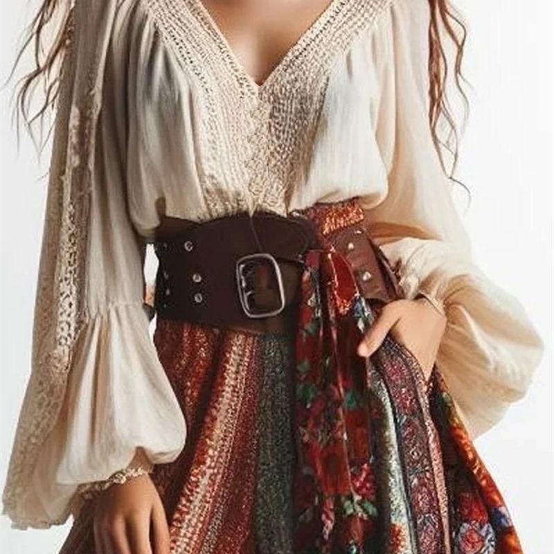 Retro Elegant Bohemian Style Sexy V-neck Womens Shirt Fashion Lantern Sleeve Ethnic Style Womens Top 240907