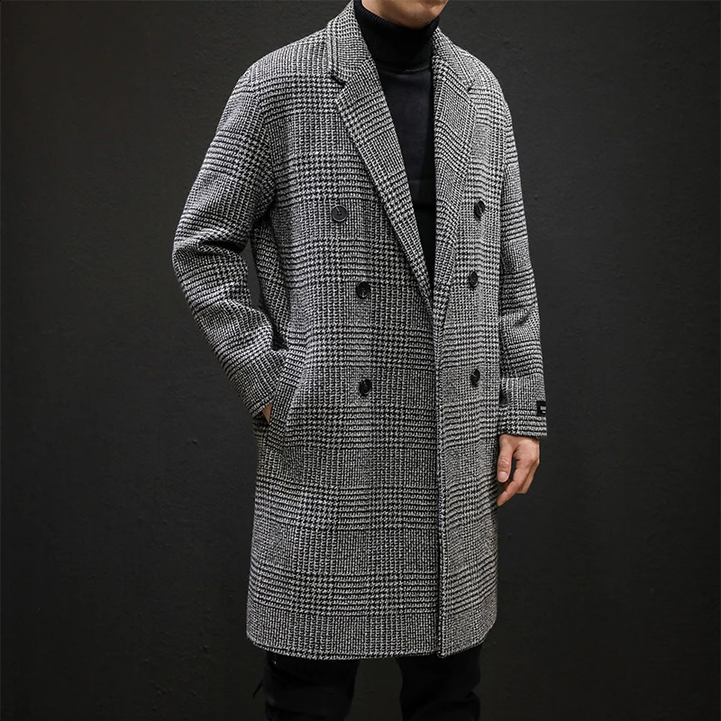 YASUGUOJI Casual Double Breasted Mens Wool Overcoat Winter Houndstooth Jacket Men Turn-down Collar Long Woollen Wind Coat 240903