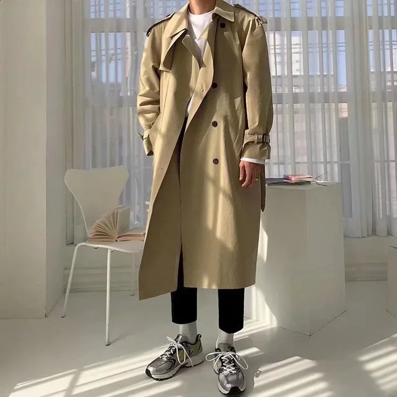 Khaki Black Trench Coat Men Fashion Autumn Oversized Long Coat Men Korean Loose Windbreaker Jacket Mens Overcoat 240903