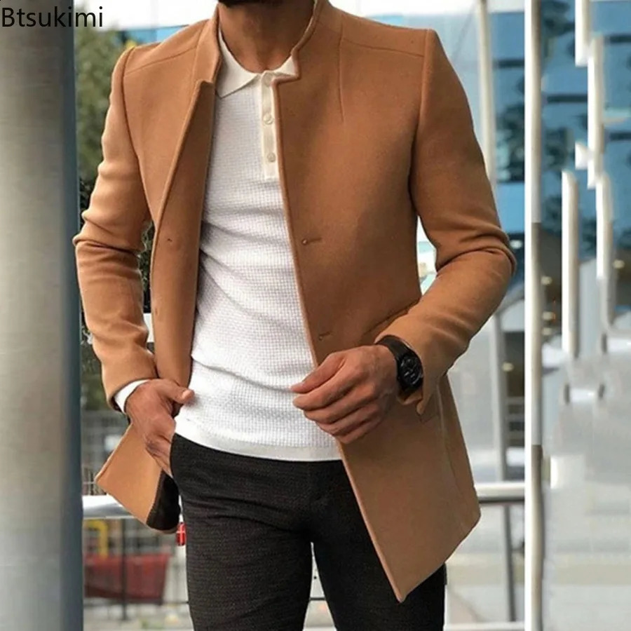 Autumn Winter Fashion Mens Woolen Coats Trend Solid Slim Single Breasted Lapel Long Suit Jacket Man Simple Casual Overcoat 240903