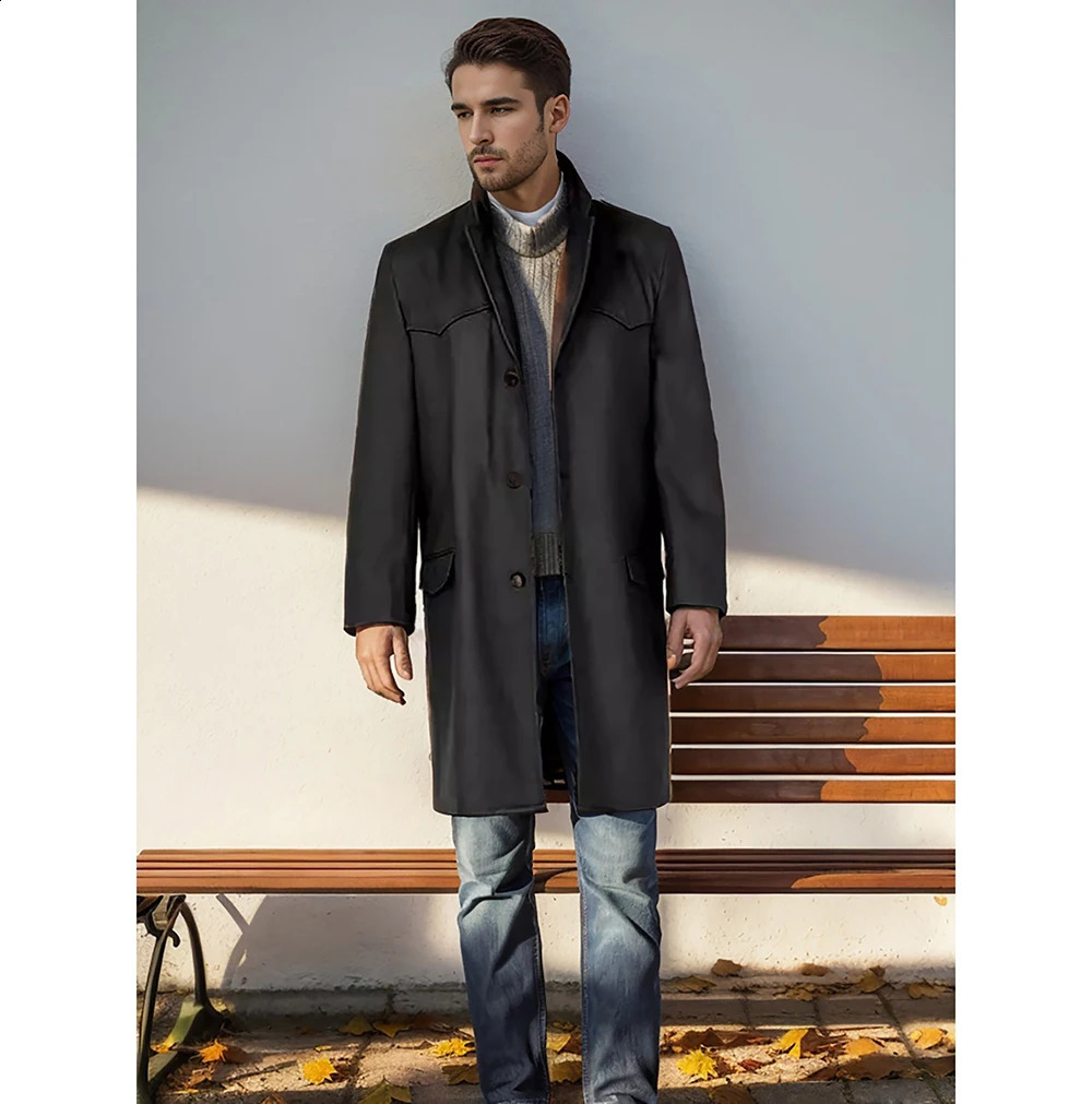 mens spring and autumn midlength windbreaker coat singlebreasted woolen solid color clothing 240906